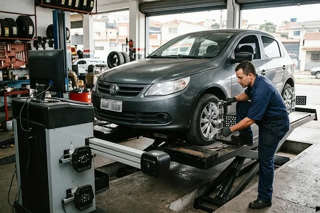 Mecânico fazendo alinhamento de rodas