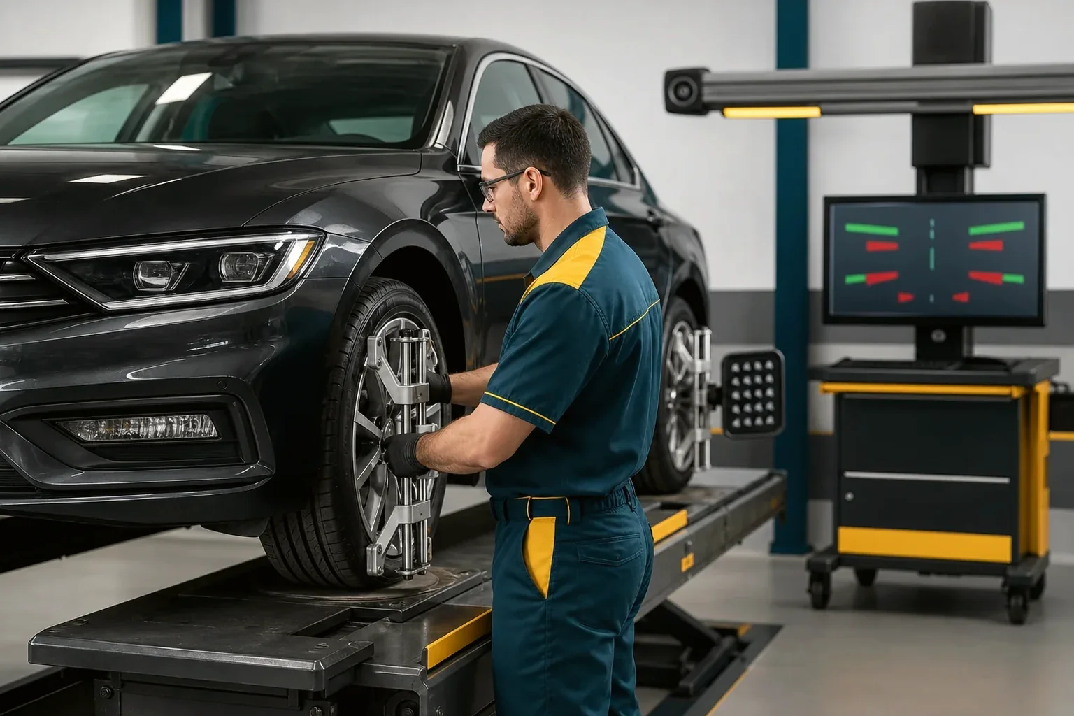 Mecânico realizando alinhamento de rodas