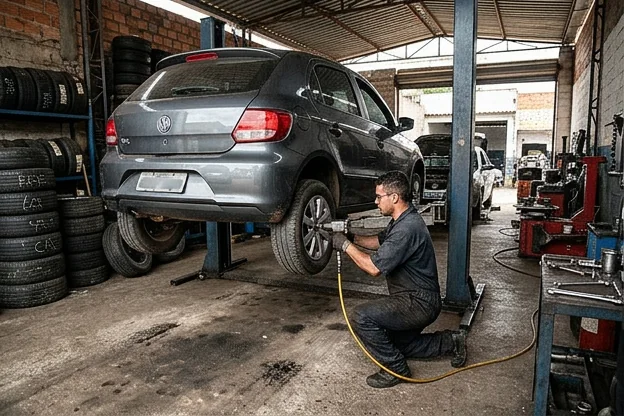 Mecânico realizando rodízio de pneus