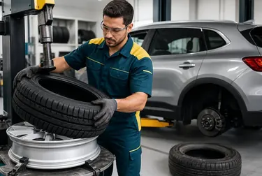 Mecânico trocando um pneu de carro